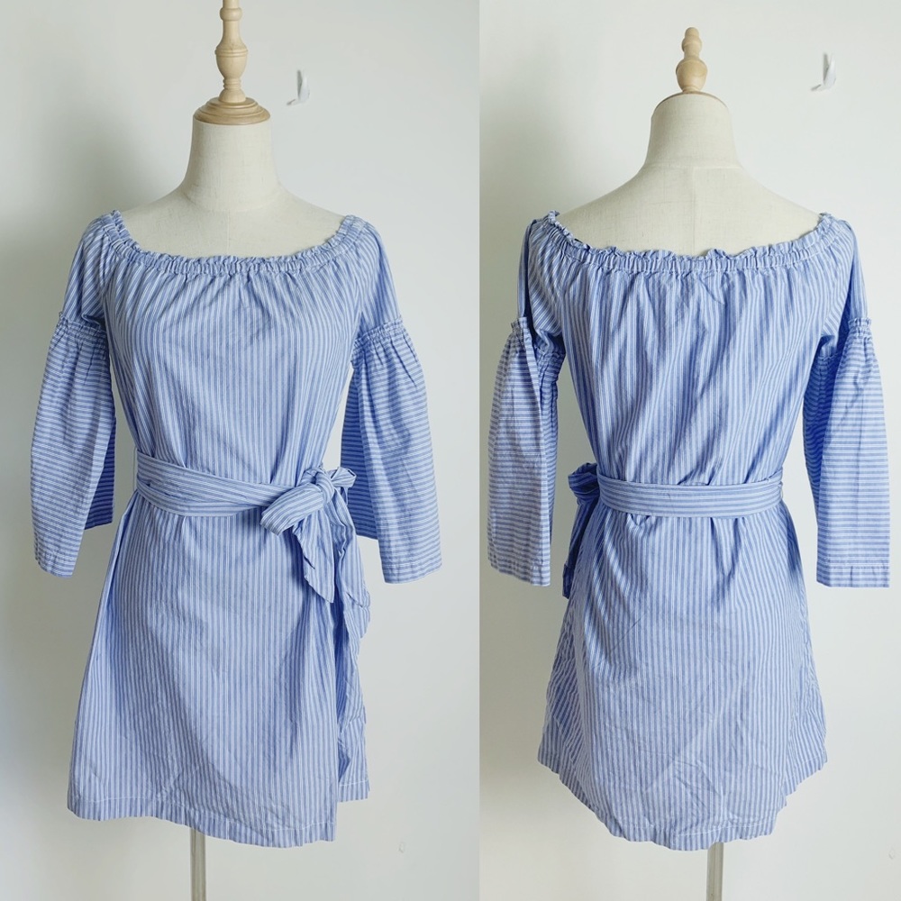LAUNDRY Off-Shoulder Blue/White Striped Dress